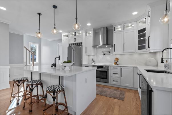 Interior, Kitchen, Pendant Lights, Recessed Lighting, Stainless Steel Appliances, Wood Texture Flooring