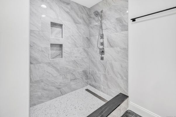 Bathroom, Glass Shower, Interior, Marble Walls, Recessed Lighting