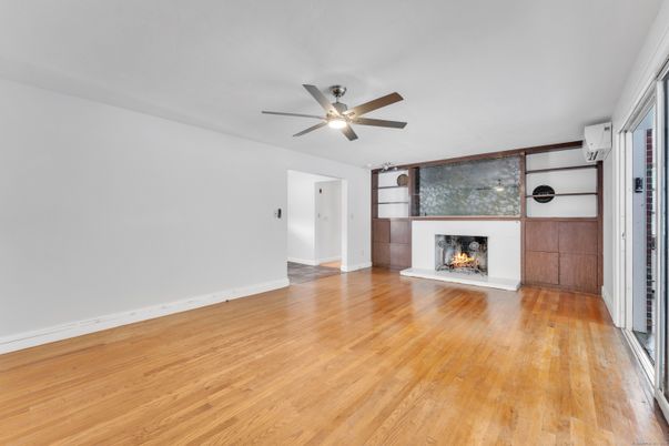 Empty room, Fireplace, Interior, Stone Walls, Wood Texture Flooring