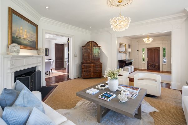Chandelier, Fireplace, Interior, Living room, Piano, Recessed Lighting, Wood Texture Flooring