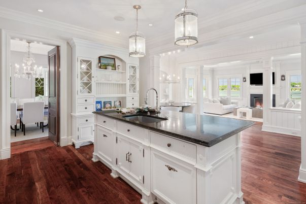 Chandelier, Dining room, Fireplace, Interior, Kitchen, Living room, Pendant Lights, Recessed Lighting, Wood Texture Flooring