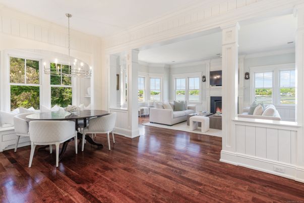 Dining room, Fireplace, Interior, Living room, Pendant Lights, Wood Texture Flooring