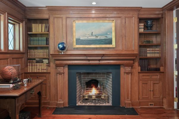 Fireplace, Home Office, Interior, Recessed Lighting, Wood Texture Flooring, Wooden Walls