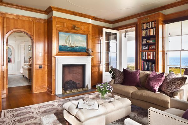 Fireplace, Interior, Living room, Water, Wood Texture Flooring, Wooden Walls