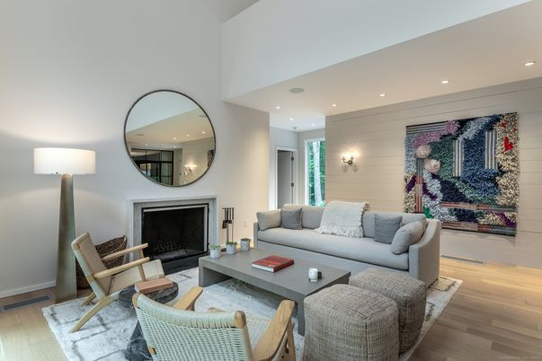 Fireplace, Interior, Living room, Recessed Lighting, Wood Texture Flooring