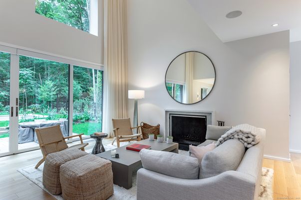 Fireplace, Interior, Living room, Recessed Lighting, Wood Texture Flooring