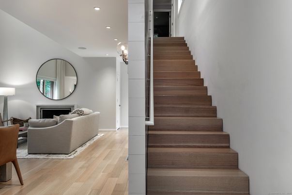 Fireplace, Interior, Living room, Recessed Lighting, Wood Texture Flooring