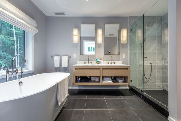 Bathroom, Dual Sink Vanities, Free Standing Baths, Glass Shower, Interior, Marble Walls, Recessed Lighting