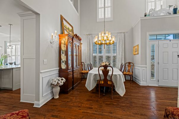 Chandelier, Dining room, Interior, Pendant Lights, Wood Texture Flooring