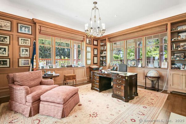 Chandelier, Home Office, Interior, Recessed Lighting, Wood Texture Flooring, Wooden Walls