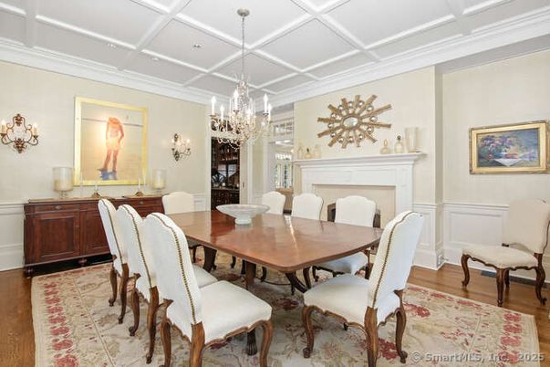 Chandelier, Dining room, Fireplace, Interior, Wood Texture Flooring