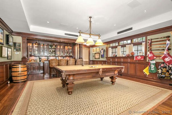 Billiard Table, Chandelier, Game Room, Interior, Recessed Lighting, Wood Texture Flooring