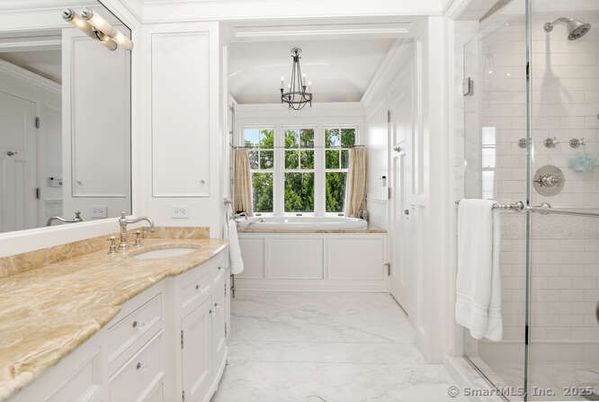 Bathroom, Chandelier, Dual Sink Vanities, Glass Shower, Interior, Marble