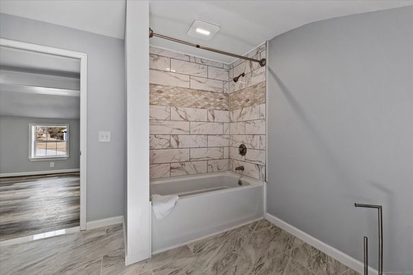 Bathroom, Interior, Marble, Marble Walls, Recessed Lighting, Wood Texture Flooring