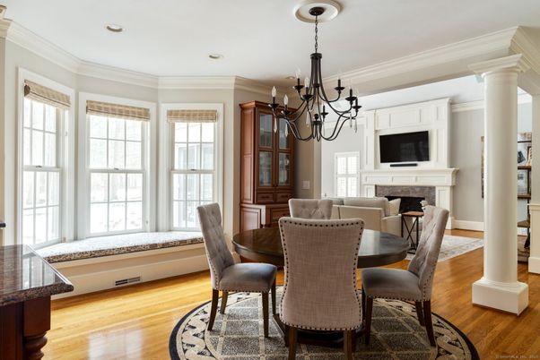 Chandelier, Dining room, Fireplace, Interior, Recessed Lighting, Wood Texture Flooring