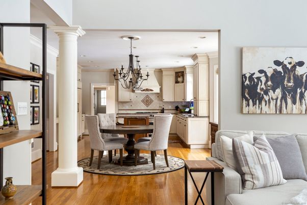 Chandelier, Dining room, Interior, Kitchen, Recessed Lighting, Wood Texture Flooring