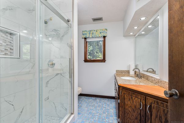 Bathroom, Glass Shower, Interior, Marble Walls, Recessed Lighting