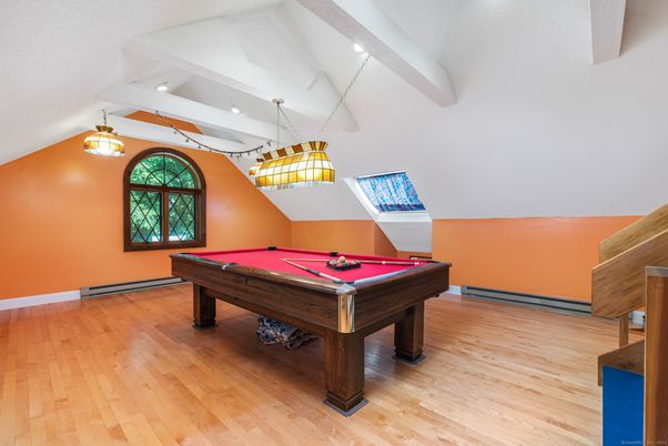 Billiard Table, Game Room, Interior, Pendant Lights, Recessed Lighting, Wood Texture Flooring