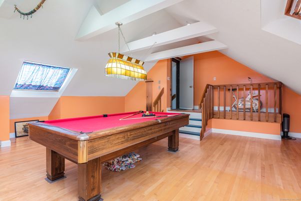 Billiard Table, Game Room, Interior, Pendant Lights, Wood Texture Flooring