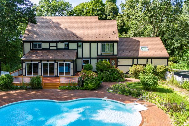 Exterior, Facade, Pool, Tudor Revival
