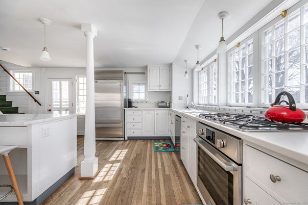Interior, Kitchen, Pendant Lights, Stainless Steel Appliances, Wood Texture Flooring