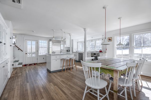 Dining room, Interior, Kitchen, Pendant Lights, Wood Texture Flooring