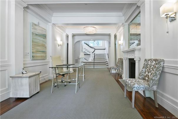 Chandelier, Fireplace, Home Office, Interior, Wood Texture Flooring