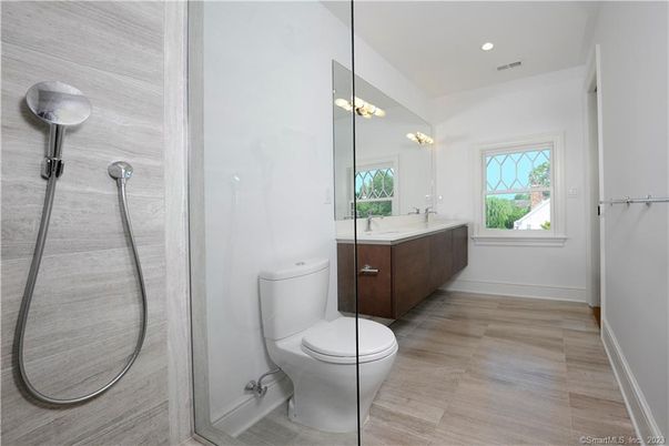 Bathroom, Glass Shower, Interior, Recessed Lighting, Wood Texture Flooring