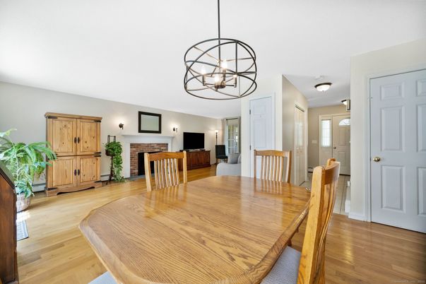 Dining room, Fireplace, Interior, Pendant Lights, Wood Texture Flooring