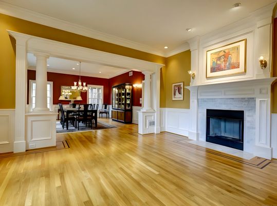 Chandelier, Dining room, Fireplace, Interior, Recessed Lighting, Wood Texture Flooring