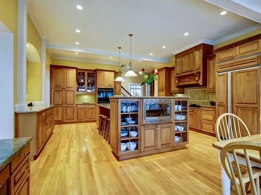 Interior, Kitchen, Pendant Lights, Recessed Lighting, Wood Texture Flooring
