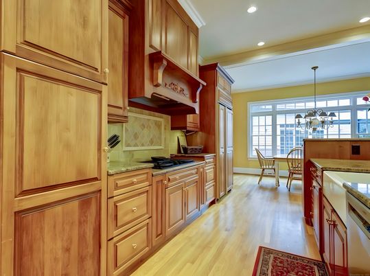 Dining room, Interior, Kitchen, Pendant Lights, Recessed Lighting, Wood Texture Flooring
