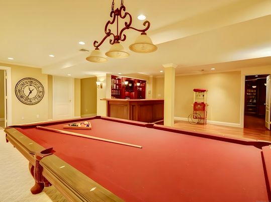 Billiard Table, Chandelier, Game Room, Interior, Recessed Lighting, Wood Texture Flooring