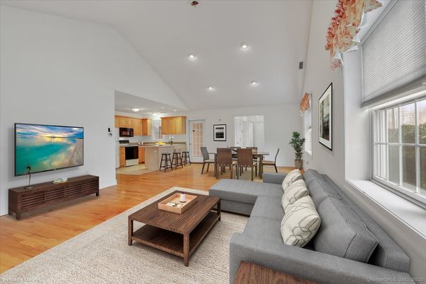 Dining room, Interior, Kitchen, Living room, Recessed Lighting, Stainless Steel Appliances, Wood Texture Flooring