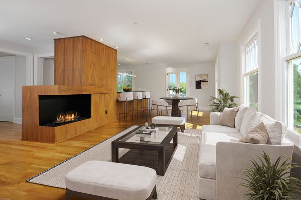 Dining room, Fireplace, Interior, Living room, Pendant Lights, Recessed Lighting, Wood Texture Flooring