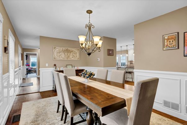 Chandelier, Dining room, Interior, Pendant Lights, Wood Texture Flooring