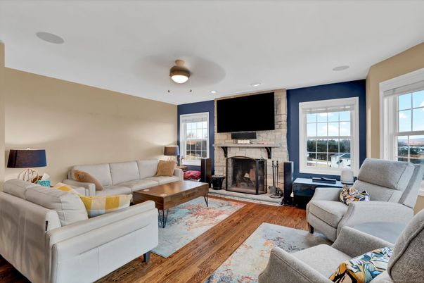 Fireplace, Interior, Living room, Recessed Lighting, Wood Texture Flooring