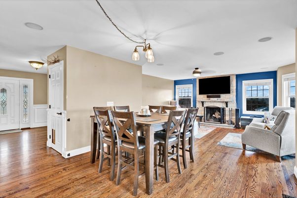 Dining room, Fireplace, Interior, Pendant Lights, Wood Texture Flooring