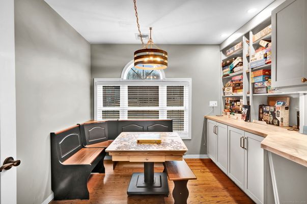 Dining room, Interior, Recessed Lighting, Wood Texture Flooring