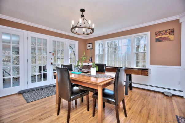 Chandelier, Dining room, Interior, Wood Texture Flooring
