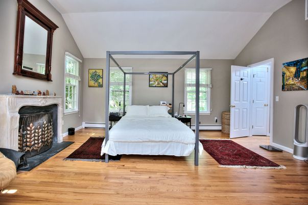 Bedroom, Fireplace, Interior, Wood Texture Flooring
