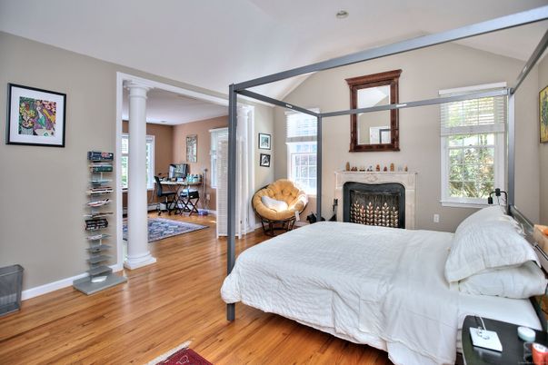 Bedroom, Fireplace, Interior, Wood Texture Flooring