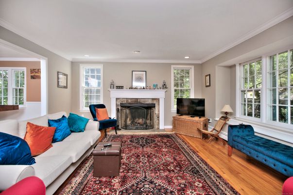 Fireplace, Interior, Living room, Recessed Lighting, Wood Texture Flooring