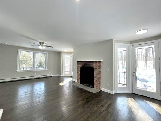Empty room, Fireplace, Interior, Stone Walls, Wood Texture Flooring