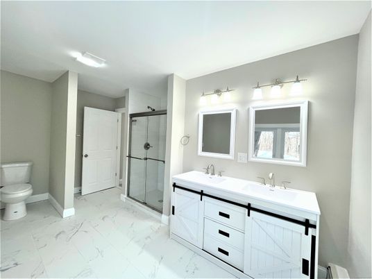 Bathroom, Dual Sink Vanities, Glass Shower, Interior, Marble