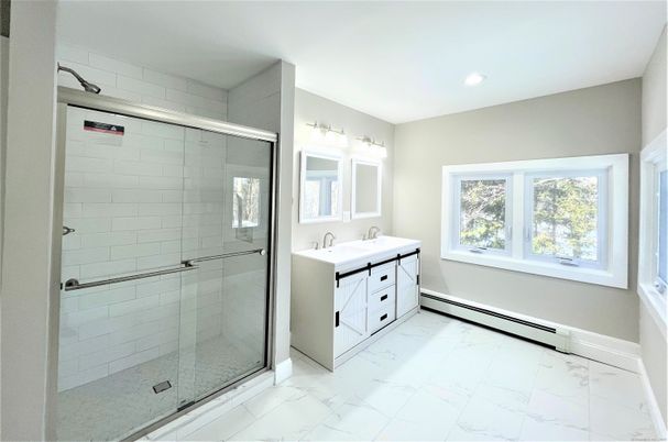Bathroom, Dual Sink Vanities, Glass Shower, Interior, Marble, Recessed Lighting