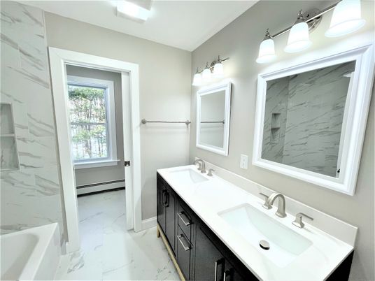 Bathroom, Dual Sink Vanities, Interior, Marble, Marble Walls