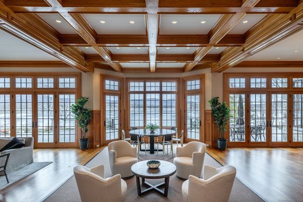 Dining room, Interior, Living room, Recessed Lighting, Wooden Beams, Wood Texture Flooring