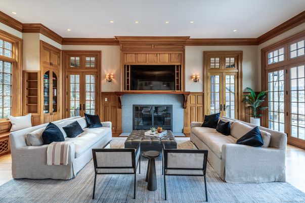 Fireplace, Interior, Living room, Recessed Lighting, Wood Texture Flooring