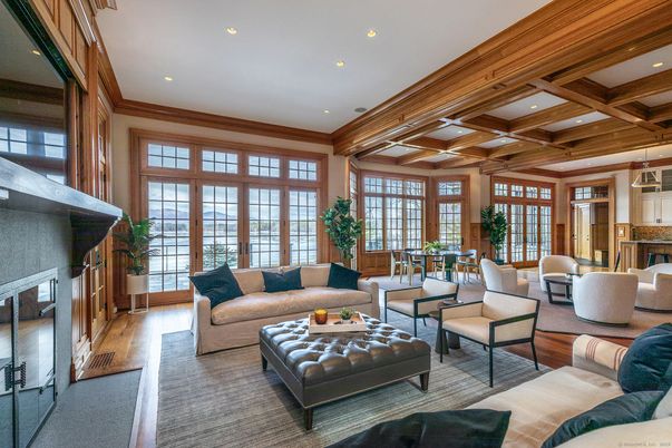 Dining room, Fireplace, Interior, Living room, Pendant Lights, Recessed Lighting, Wooden Beams, Wood Texture Flooring